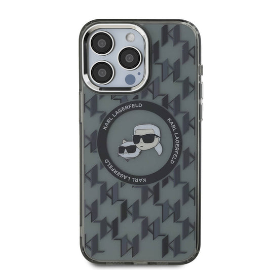Apple iPhone 16 Pro Kılıf Karl Lagerfeld Orjinal Lisanslı M-safe Şarj Özellikli IML Baskılı Metal Monogram KC Heads Kapak Siyah