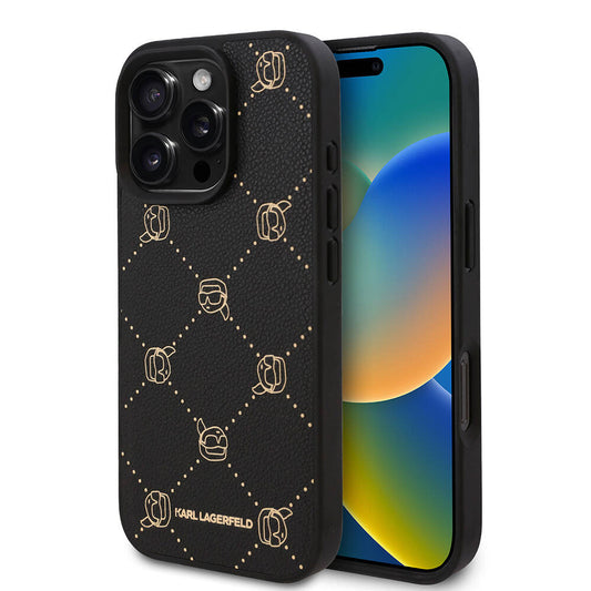 Apple iPhone 16 Pro Kılıf Karl Lagerfeld Orjinal Lisanslı M-safe Şarj Özellikli PU Deri Karl Heads Desenli Klasik Logolu Kapak Siyah