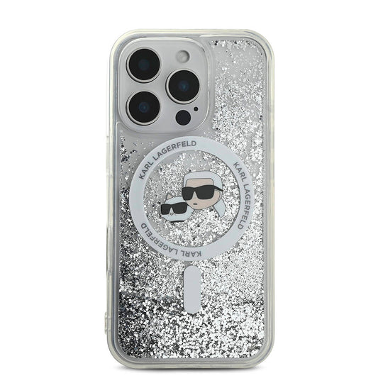 Apple iPhone 16 Pro Kılıf Karl Lagerfeld Orjinal Lisanslı M-safe Şarj Özellikli Sıvılı Simli KC Heads Kapak Şeffaf