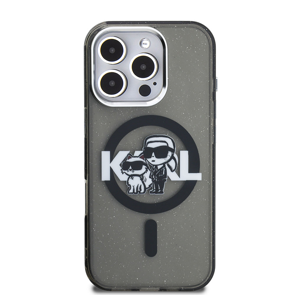 Apple iPhone 16 Pro Kılıf Karl Lagerfeld Orjinal Lisanslı Parlayan Simli Karl & Choupette Sketch Logo Kapak Siyah