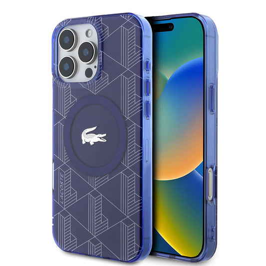 Apple iPhone 16 Pro Kılıf Lacoste Orjinal Lisanslı M-safe Şarj Özellikli IML Baskılı Gümüş Timsah Logolu Monogram Kapak Lacivert