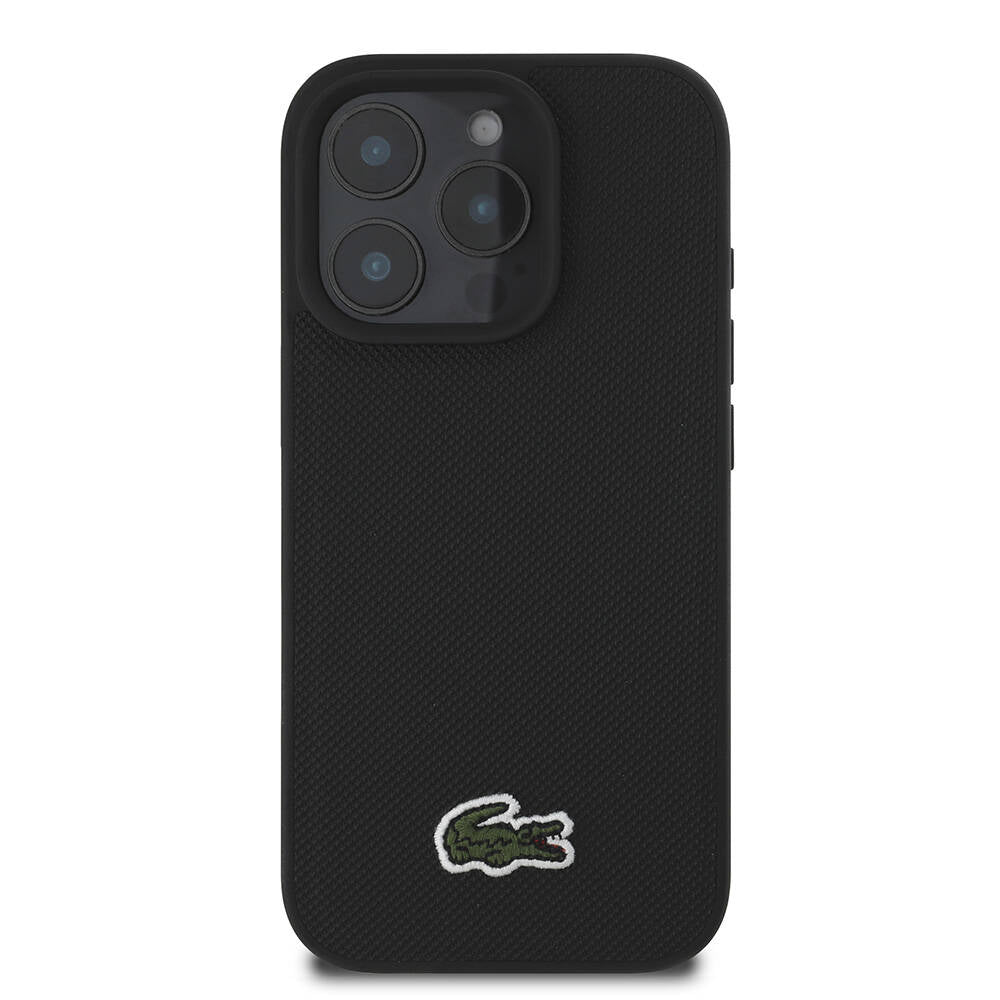 Apple iPhone 16 Pro Kılıf Lacoste Orjinal Lisanslı PU Pike Desenli Arka Yüzey İkonik Timsah Dokuma Logolu Kapak Lacivert