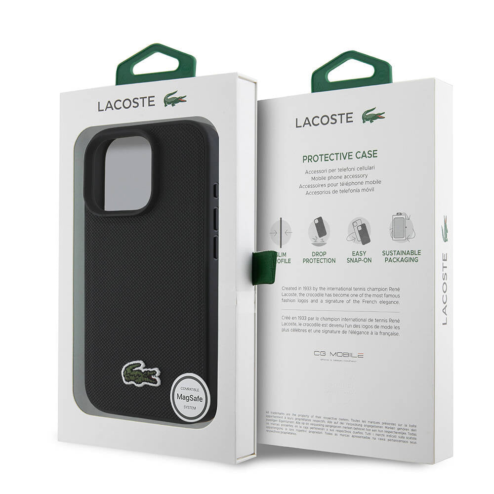Apple iPhone 16 Pro Kılıf Lacoste Orjinal Lisanslı PU Pike Desenli Arka Yüzey İkonik Timsah Dokuma Logolu Kapak Lacivert