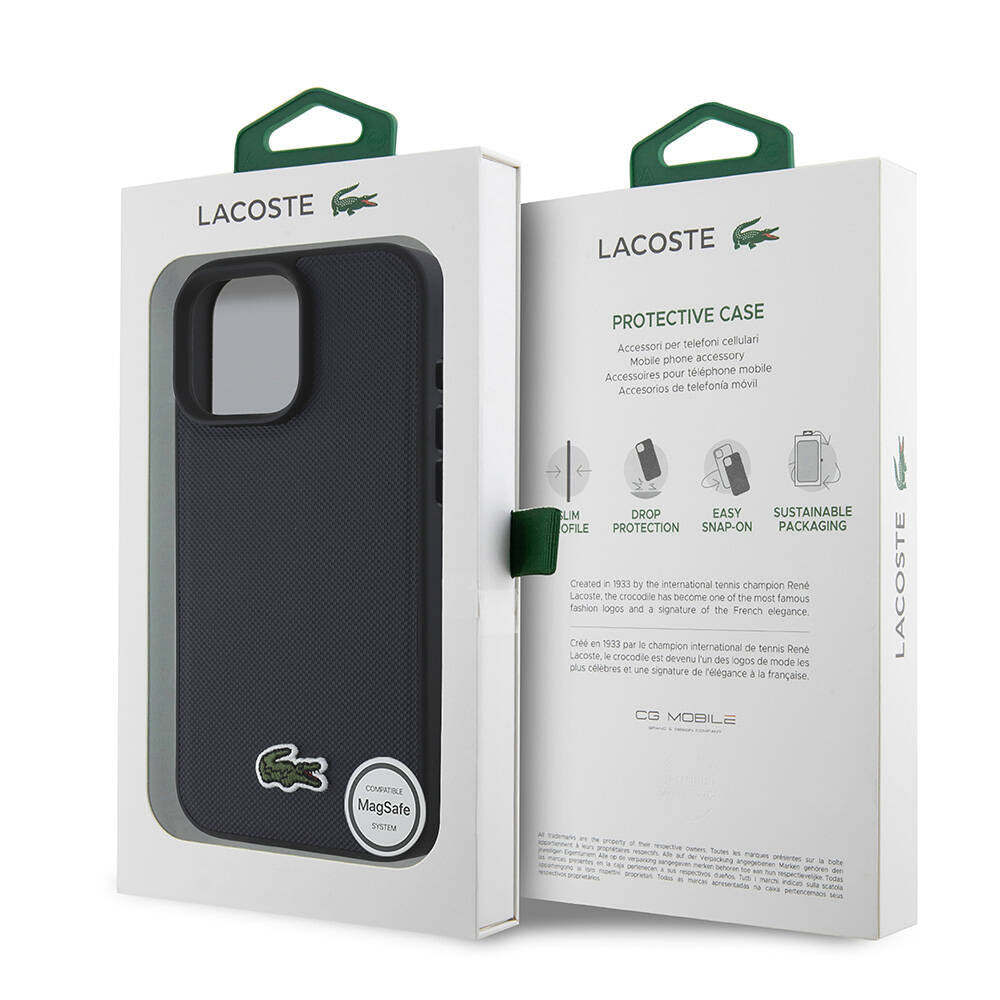 Apple iPhone 16 Pro Kılıf Lacoste Orjinal Lisanslı PU Pike Desenli Arka Yüzey İkonik Timsah Dokuma Logolu Kapak Lacivert