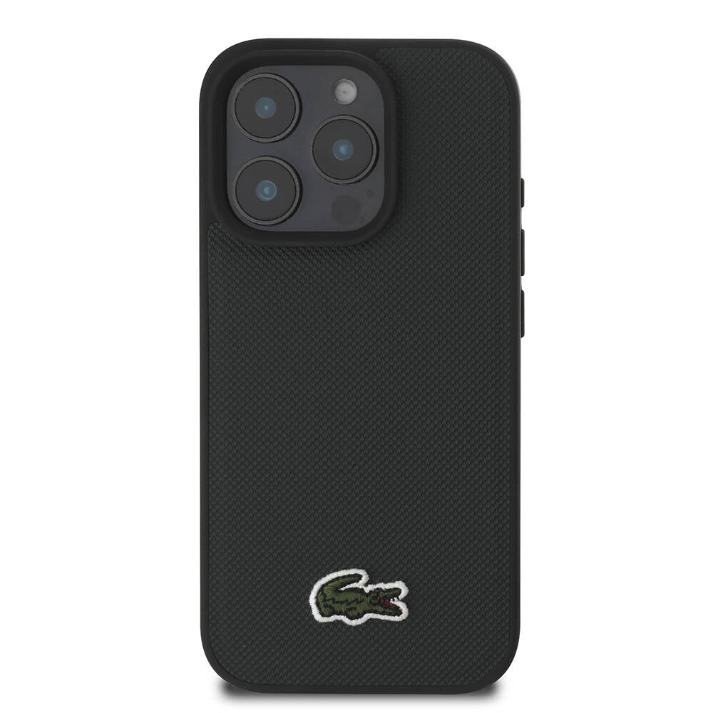 Apple iPhone 16 Pro Kılıf Lacoste Orjinal Lisanslı PU Pike Desenli Arka Yüzey İkonik Timsah Dokuma Logolu Kapak Lacivert