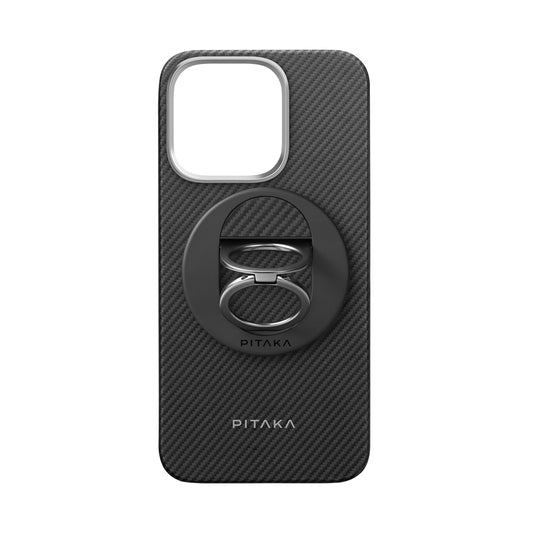 Apple iPhone 16 Pro Kılıf M-safe Şarj Özellikli Grip 3 Standlı 600D Aramid Fiber Pitaka Ultra-Slim Classic Serisi Black-Grey Twill Kapak