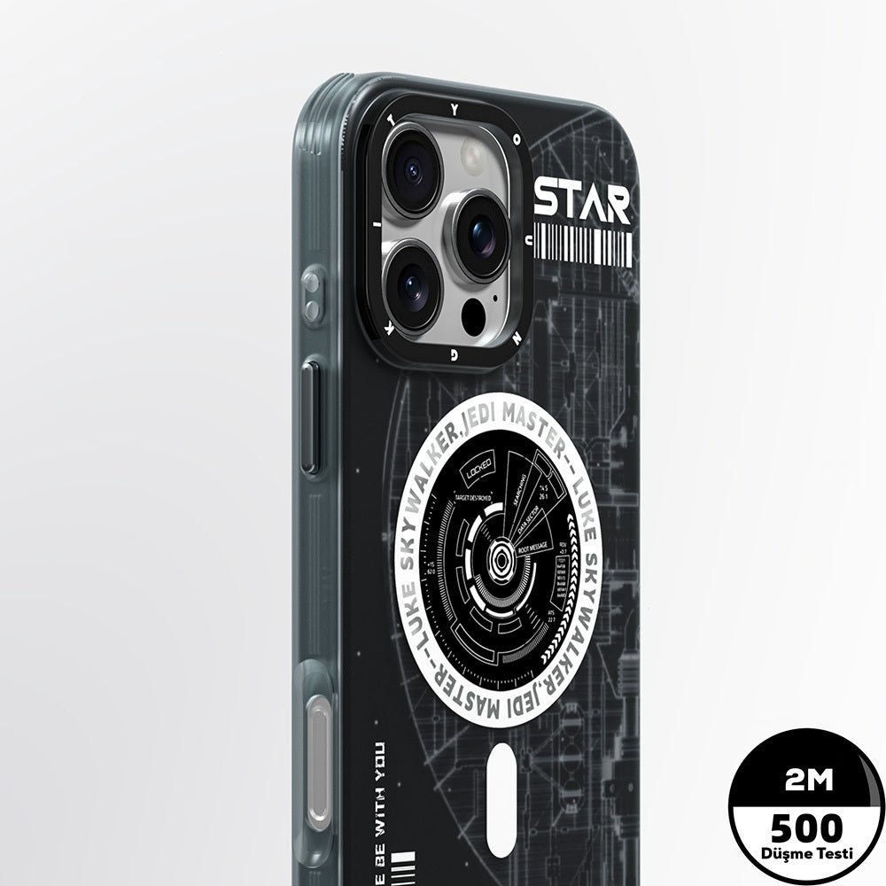 Apple iPhone 16 Pro Kılıf M-safe Şarj Özellikli Airbagli Hologram Tasarımlı Youngkit Interstellar Serisi Kapak Siyah-Beyaz