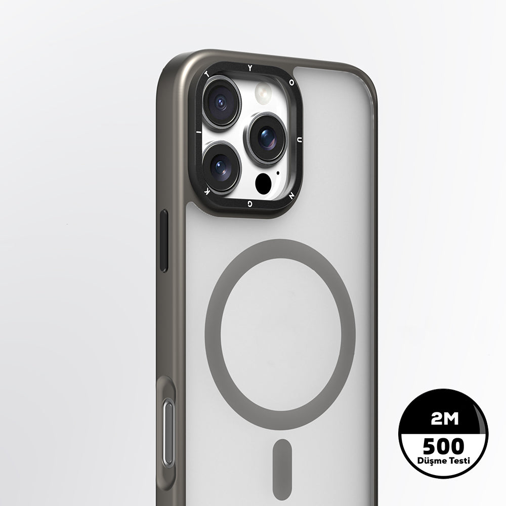 Apple iPhone 16 Pro Kılıf M-safe Şarj Özellikli Cam Arka Yüzey TPU Youngkit Gemstone Serisi Kapak Gri