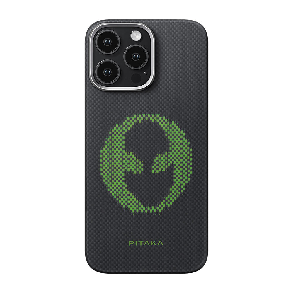 Apple iPhone 16 Pro Kılıf M-safe Şarj Özellikli Lumintex Teknolojili Fosforlu Aramid Fiber Pitaka Tactile Woven Aries Serisi Alien Kapak