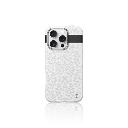 Apple iPhone 16 Pro Kılıf M-safe Şarj Özellikli Suni Deri Tasarımlı Desenli Pynana Print Serisi Kapak Beyaz