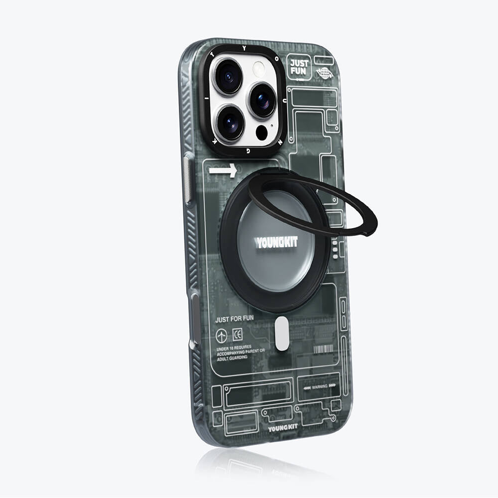 Apple iPhone 16 Pro Kılıf M-safe Şarj Özellikli Youngkit 360° Standlı Technology Serisi Kapak Mavi