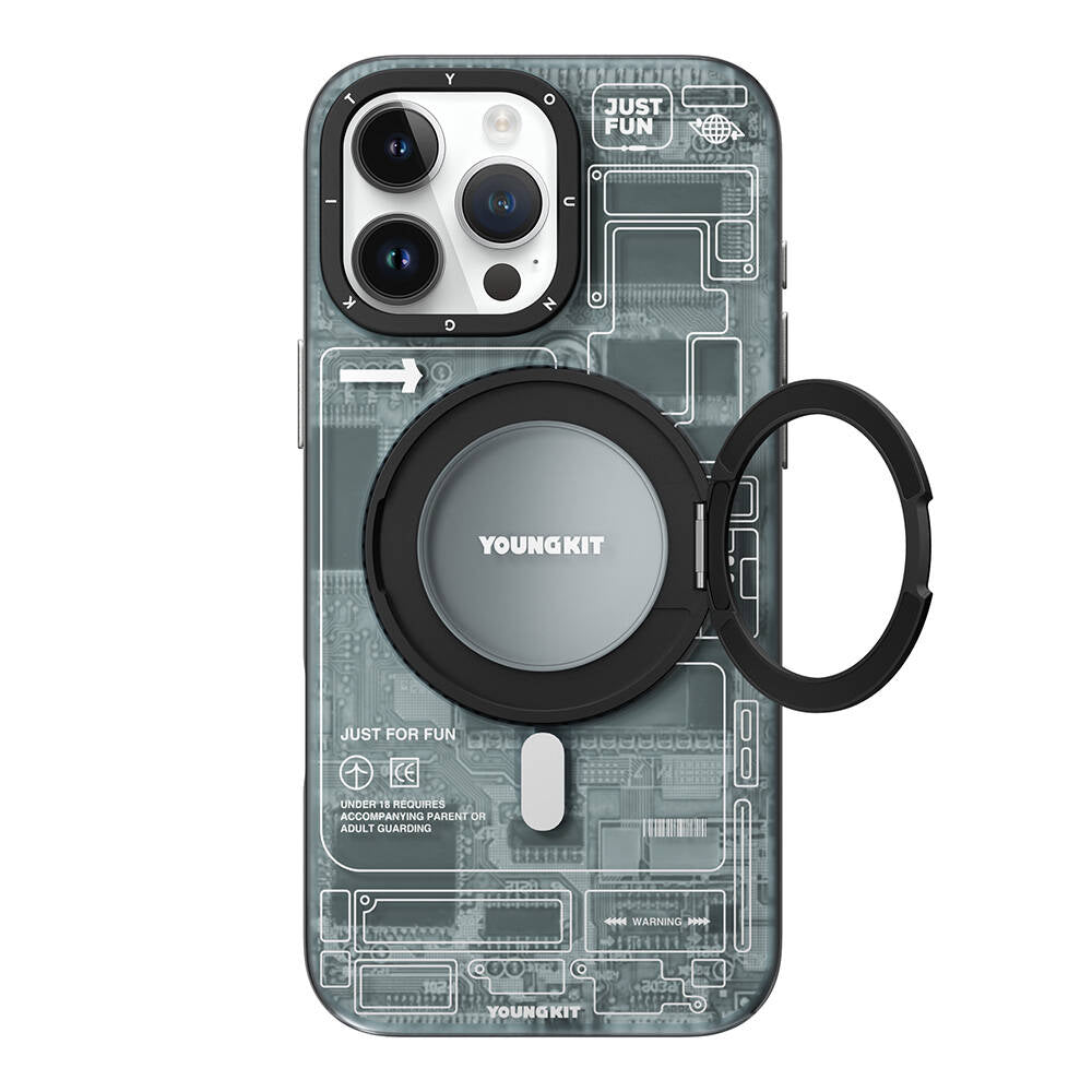 Apple iPhone 16 Pro Kılıf M-safe Şarj Özellikli Youngkit 360° Standlı Technology Serisi Kapak Gri