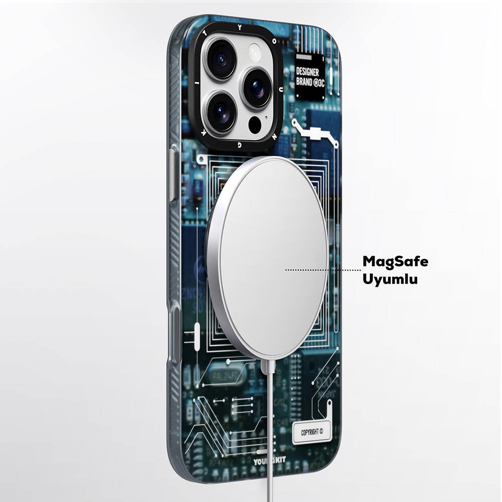 Apple iPhone 16 Pro Kılıf M-safe Şarj Özellikli Youngkit 360° Standlı Technology Serisi Kapak Mavi