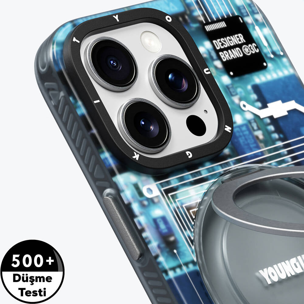 Apple iPhone 16 Pro Kılıf M-safe Şarj Özellikli Youngkit 360° Standlı Technology Serisi Kapak Gri