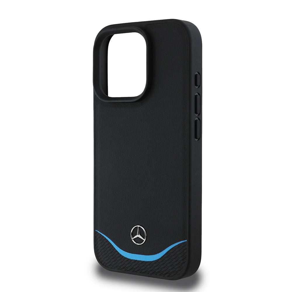 Apple iPhone 16 Pro Kılıf Mercedes Benz Orjinal Lisanslı M-safe Şarj Özellikli 3D Metal Logolu Mavi Yatay Eğri Çizgili Deri Kapak Siyah