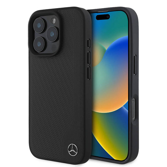 Apple iPhone 16 Pro Kılıf Mercedes Benz Orjinal Lisanslı M-safe Şarj Özellikli 3D Metal Logolu Wood Imitation Deri Kapak Siyah