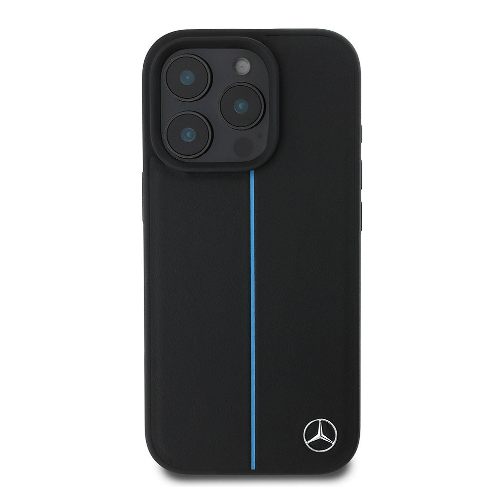 Apple iPhone 16 Pro Kılıf Mercedes Benz Orjinal Lisanslı M-safe Şarj Özellikli Metal Yıldız Logolu Mavi Çizgili Deri Kapak Siyah