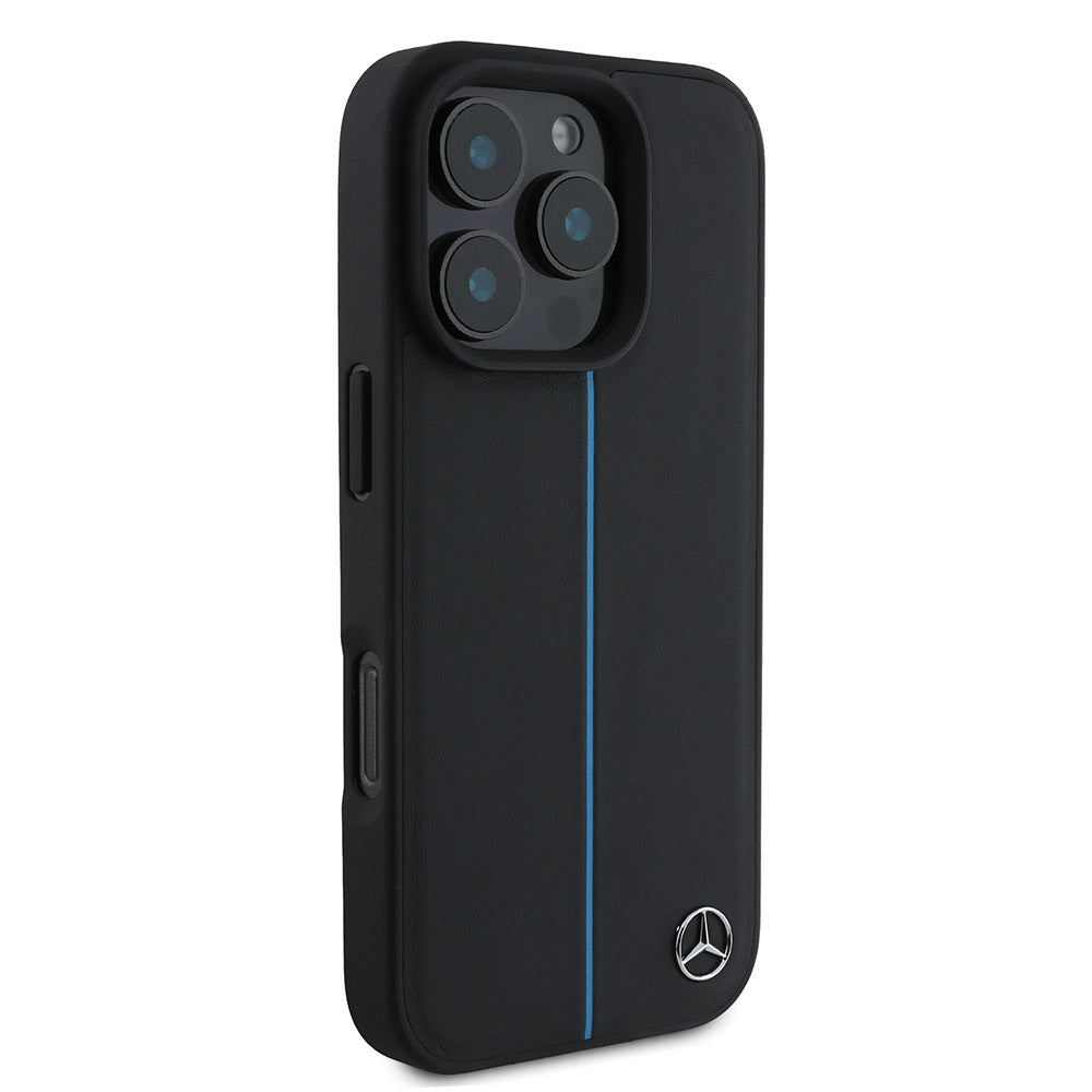 Apple iPhone 16 Pro Kılıf Mercedes Benz Orjinal Lisanslı M-safe Şarj Özellikli Metal Yıldız Logolu Mavi Çizgili Deri Kapak Siyah