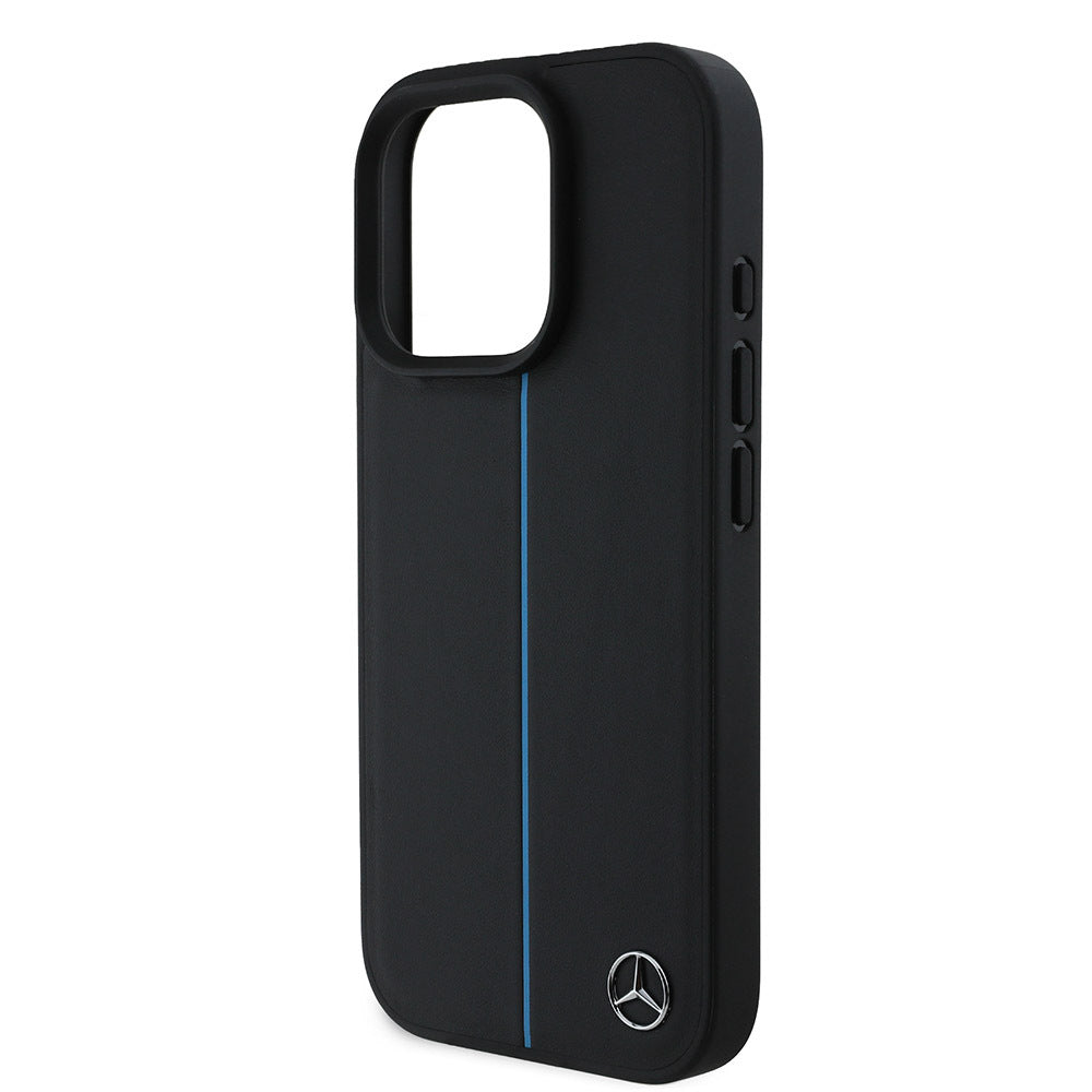 Apple iPhone 16 Pro Kılıf Mercedes Benz Orjinal Lisanslı M-safe Şarj Özellikli Metal Yıldız Logolu Mavi Çizgili Deri Kapak Siyah