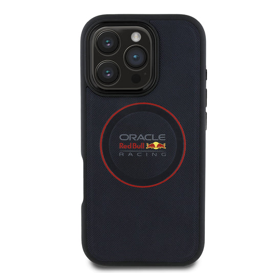 Apple iPhone 16 Pro Kılıf Redbull Orjinal Lisanslı M-safe Şarj Özellikli Kırmızı Halka ve Logo Kabartmalı PU Deri Kapak Lacivert
