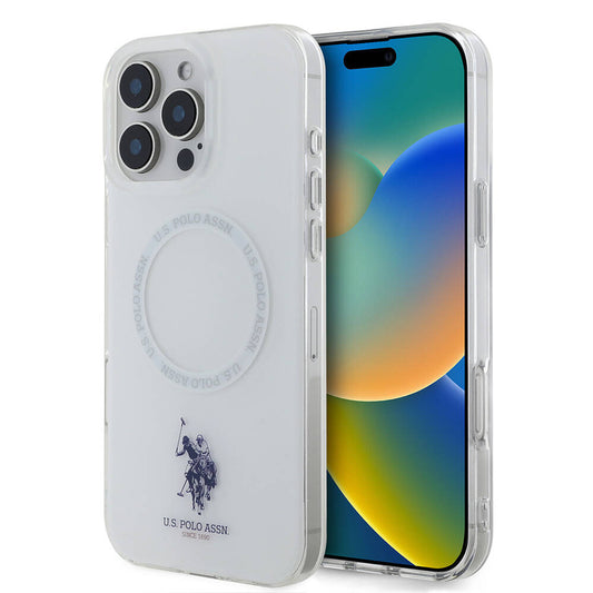 Apple iPhone 16 Pro Kılıf U.S. Polo Assn. Orjinal Lisanslı M-safe Şarj Özellikli IML Double Horse Logolu Ring Kapak Beyaz