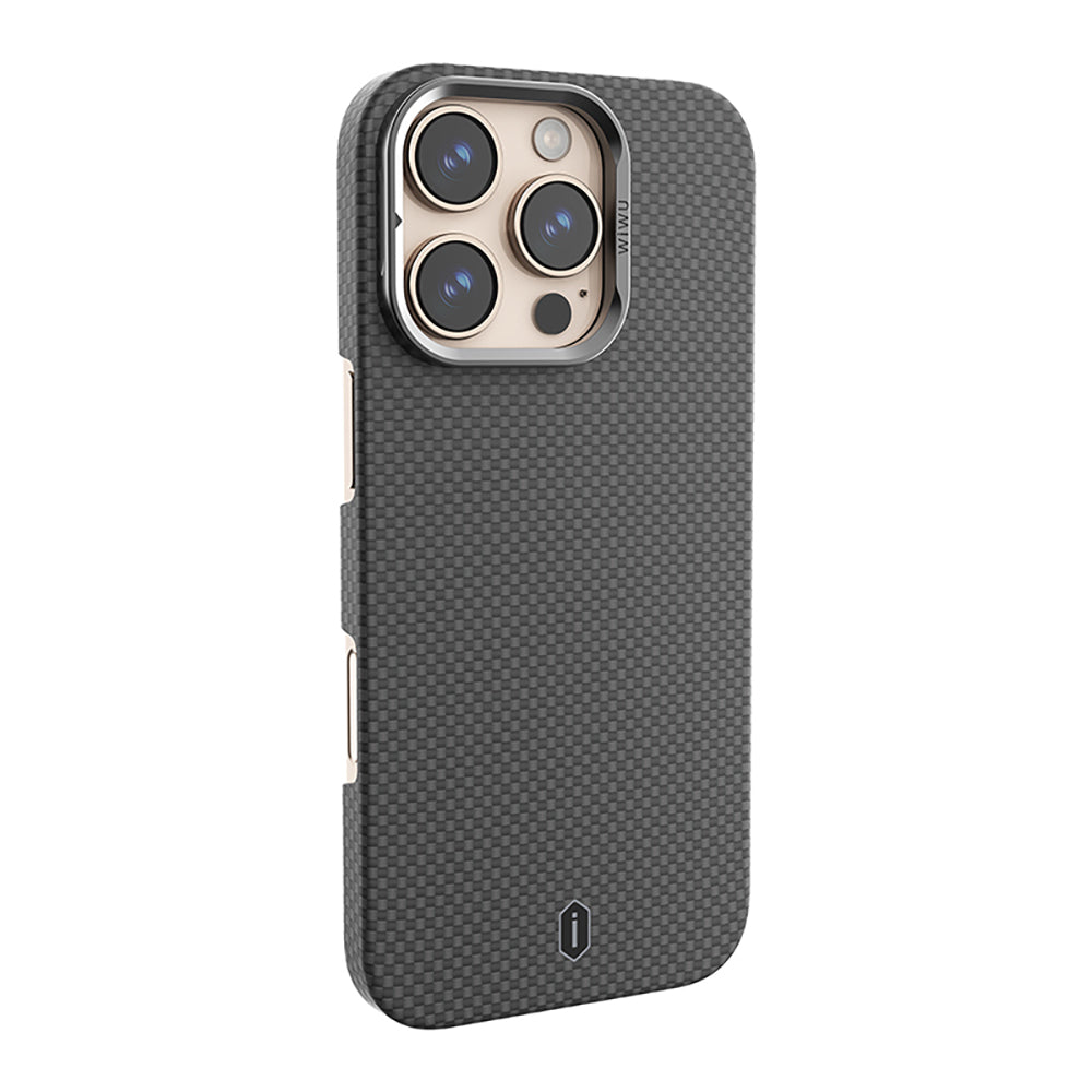 Apple iPhone 16 Pro Kılıf Wiwu DCC-208 M-safe Şarj Özellikli Kamera Standlı Aramid Fiber Tasarım Kevlar Kapak Siyah