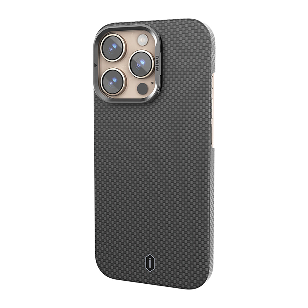 Apple iPhone 16 Pro Kılıf Wiwu DCC-208 M-safe Şarj Özellikli Kamera Standlı Aramid Fiber Tasarım Kevlar Kapak Siyah