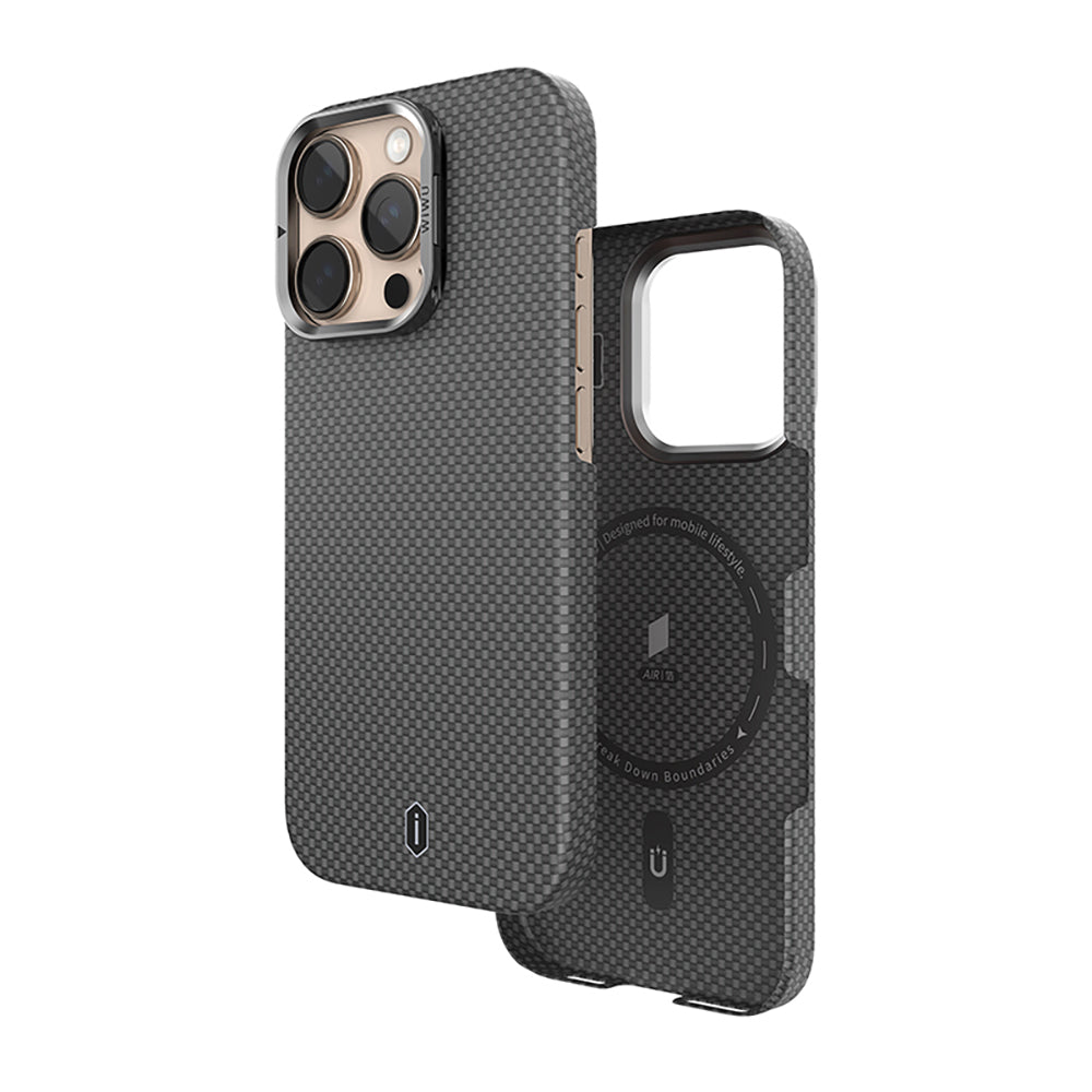 Apple iPhone 16 Pro Kılıf Wiwu DCC-208 M-safe Şarj Özellikli Kamera Standlı Aramid Fiber Tasarım Kevlar Kapak Siyah