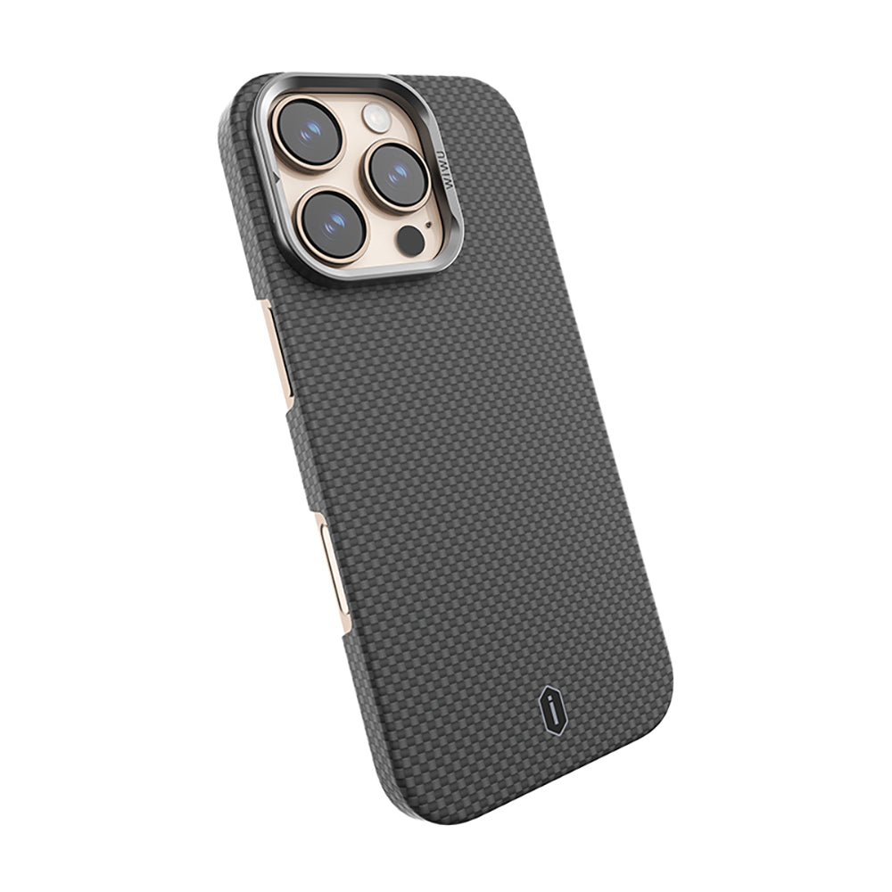 Apple iPhone 16 Pro Kılıf Wiwu DCC-208 M-safe Şarj Özellikli Kamera Standlı Aramid Fiber Tasarım Kevlar Kapak Siyah