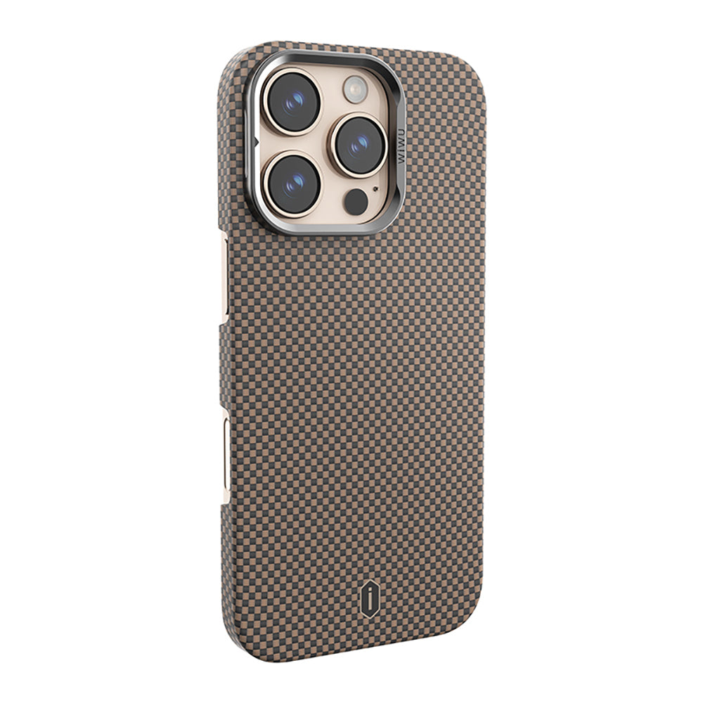 Apple iPhone 16 Pro Kılıf Wiwu DCC-208 M-safe Şarj Özellikli Kamera Standlı Aramid Fiber Tasarım Kevlar Kapak Siyah
