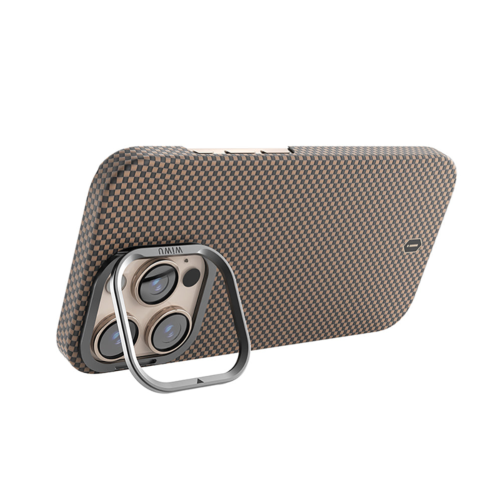 Apple iPhone 16 Pro Kılıf Wiwu DCC-208 M-safe Şarj Özellikli Kamera Standlı Aramid Fiber Tasarım Kevlar Kapak Siyah