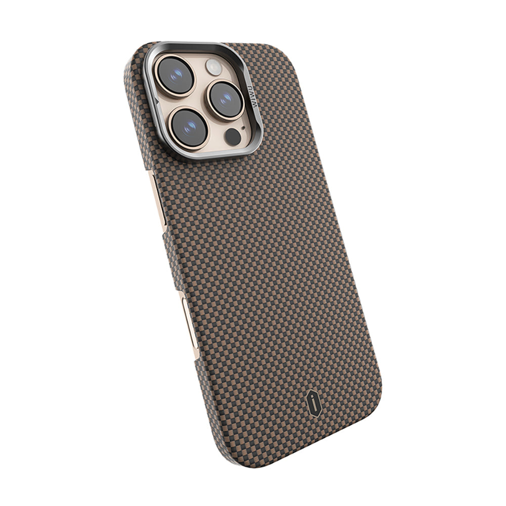 Apple iPhone 16 Pro Kılıf Wiwu DCC-208 M-safe Şarj Özellikli Kamera Standlı Aramid Fiber Tasarım Kevlar Kapak Siyah