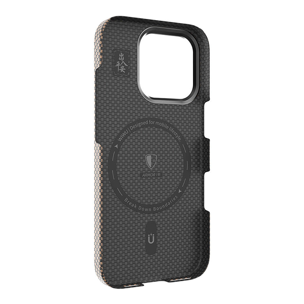 Apple iPhone 16 Pro Kılıf Wiwu DCC-208 M-safe Şarj Özellikli Kamera Standlı Aramid Fiber Tasarım Kevlar Kapak Siyah