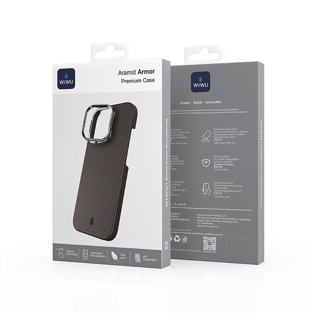Apple iPhone 16 Pro Kılıf Wiwu DCC-208 M-safe Şarj Özellikli Kamera Standlı Aramid Fiber Tasarım Kevlar Kapak Siyah