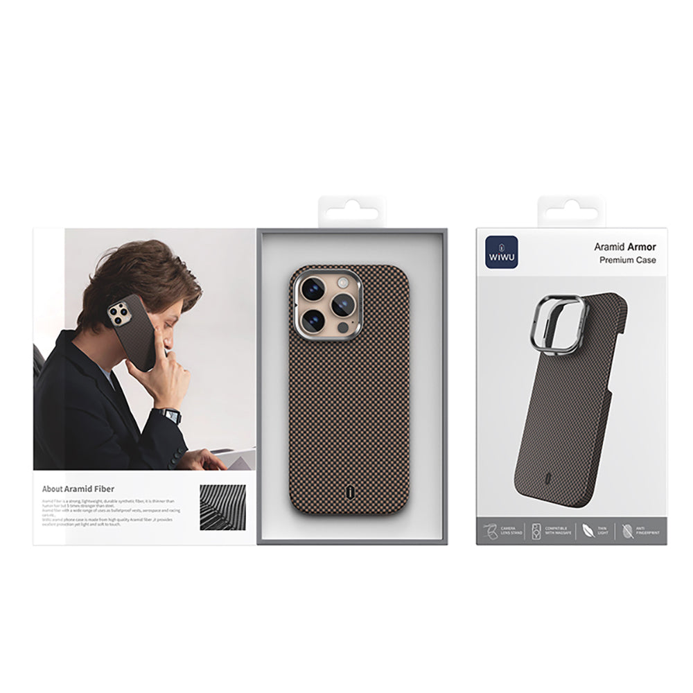 Apple iPhone 16 Pro Kılıf Wiwu DCC-208 M-safe Şarj Özellikli Kamera Standlı Aramid Fiber Tasarım Kevlar Kapak Siyah