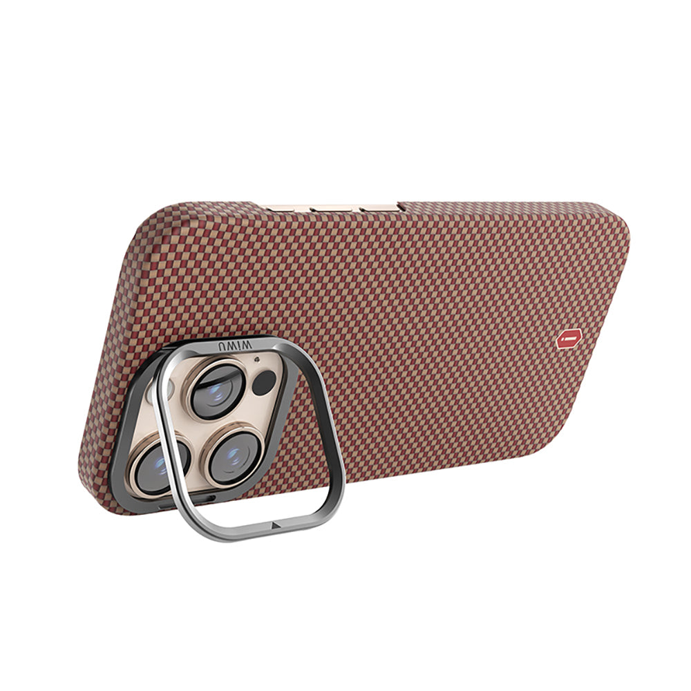 Apple iPhone 16 Pro Kılıf Wiwu DCC-208 M-safe Şarj Özellikli Kamera Standlı Aramid Fiber Tasarım Kevlar Kapak Siyah