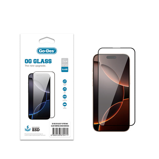 Apple iPhone 16 Pro Max Go Des OG Glass Antistatik Temperli Cam Ekran Koruyucu Şeffaf
