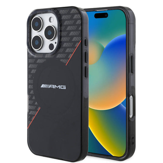Apple iPhone 16 Pro Max Kılıf AMG Orjinal Lisanslı M-safe Şarj Özellikli Çift Katmanlı Kırmızı Çapraz Çizgili Kapak Siyah-Kırmızı
