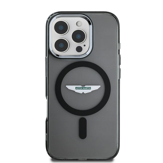 Apple iPhone 16 Pro Max Kılıf Aston Martin Orjinal Lisanslı M-safe Şarj Özellikli IML Baskı Logolu Buzlu Kapak Siyah