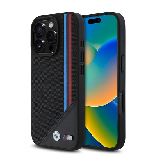 Apple iPhone 16 Pro Max Kılıf BMW Orjinal Lisanslı M-safe Şarj Özellikli M Logolu Üç Çizgili Dikiş Detaylı Meshed Tricolor Stripes Kapak Siyah