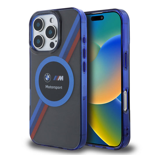 Apple iPhone 16 Pro Max Kılıf BMW Orjinal Lisanslı M-safe Şarj Özellikli M Logolu Üç Renk Çizgili Motorsport Circle Kapak Lacivert