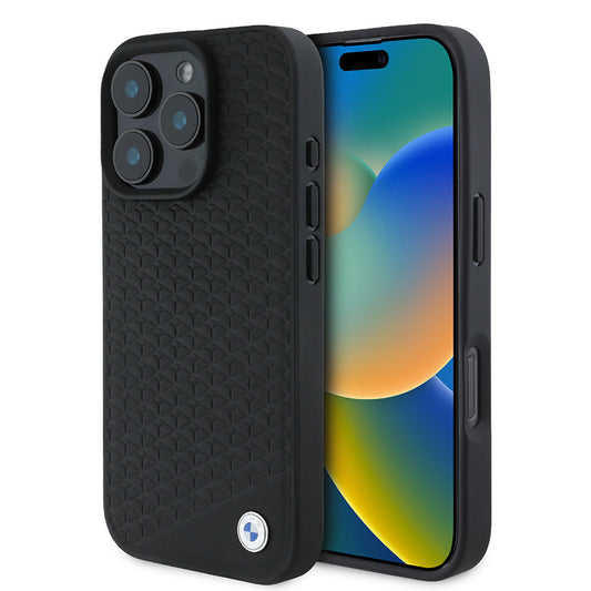 Apple iPhone 16 Pro Max Kılıf BMW Orjinal Lisanslı M-safe Şarj Özellikli Metal Logolu Dokulu Diamond Deri Kapak Siyah