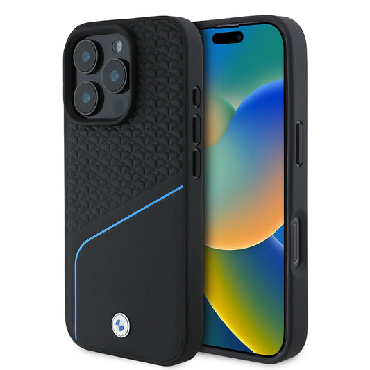 Apple iPhone 16 Pro Max Kılıf BMW Orjinal Lisanslı M-safe Şarj Özellikli Metal Logolu Dokulu ve Çizgili Deri Kapak Siyah