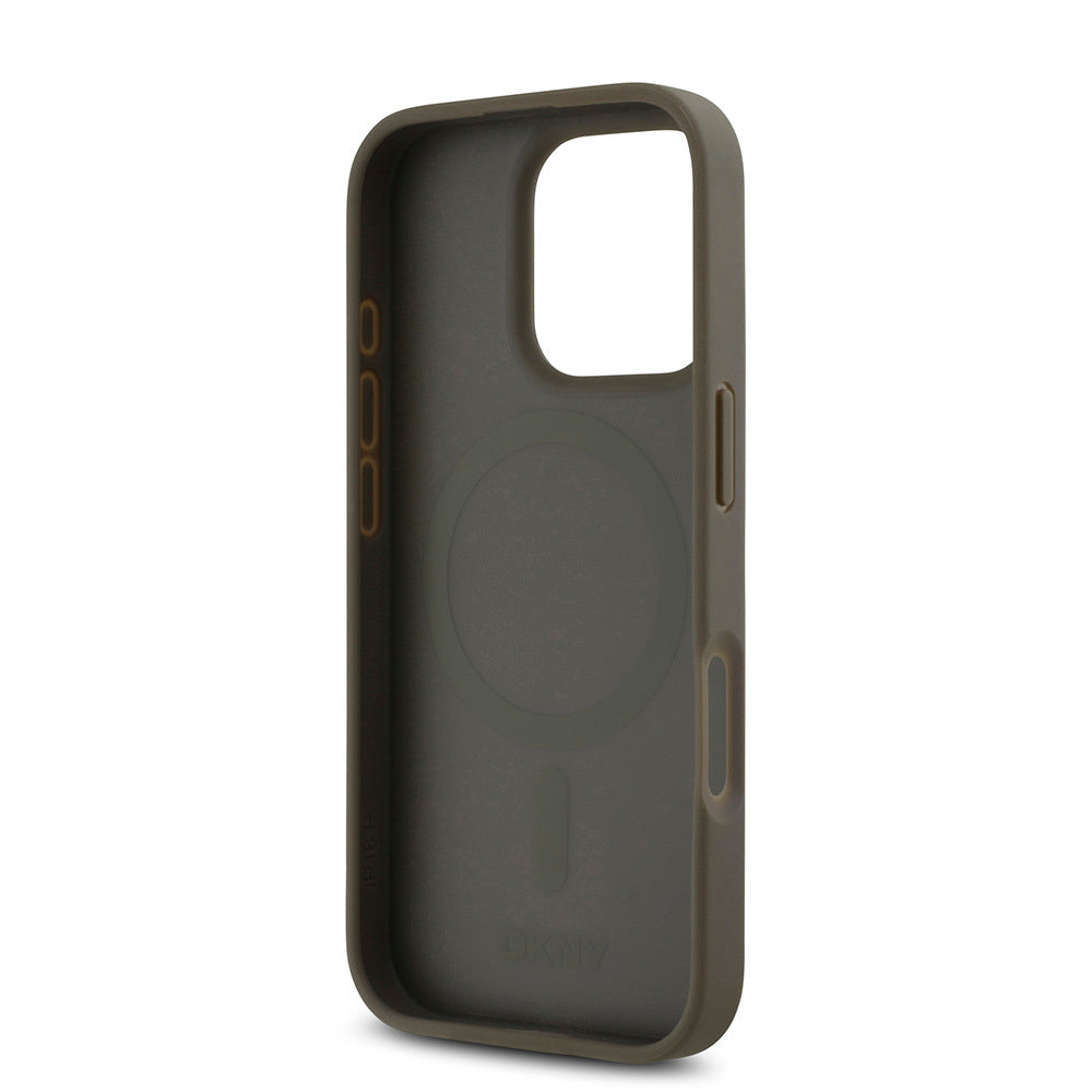 Apple iPhone 16 Pro Max Kılıf DKNY Orjinal Lisanslı M-safe Şarj Özellikli 3D Yazılı Repeat Pattern Kapak Kahverengi