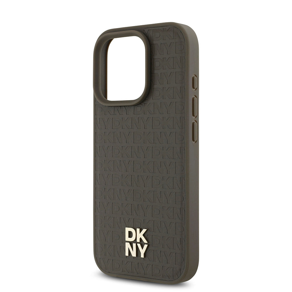 Apple iPhone 16 Pro Max Kılıf DKNY Orjinal Lisanslı M-safe Şarj Özellikli 3D Yazılı Repeat Pattern Kapak Kahverengi