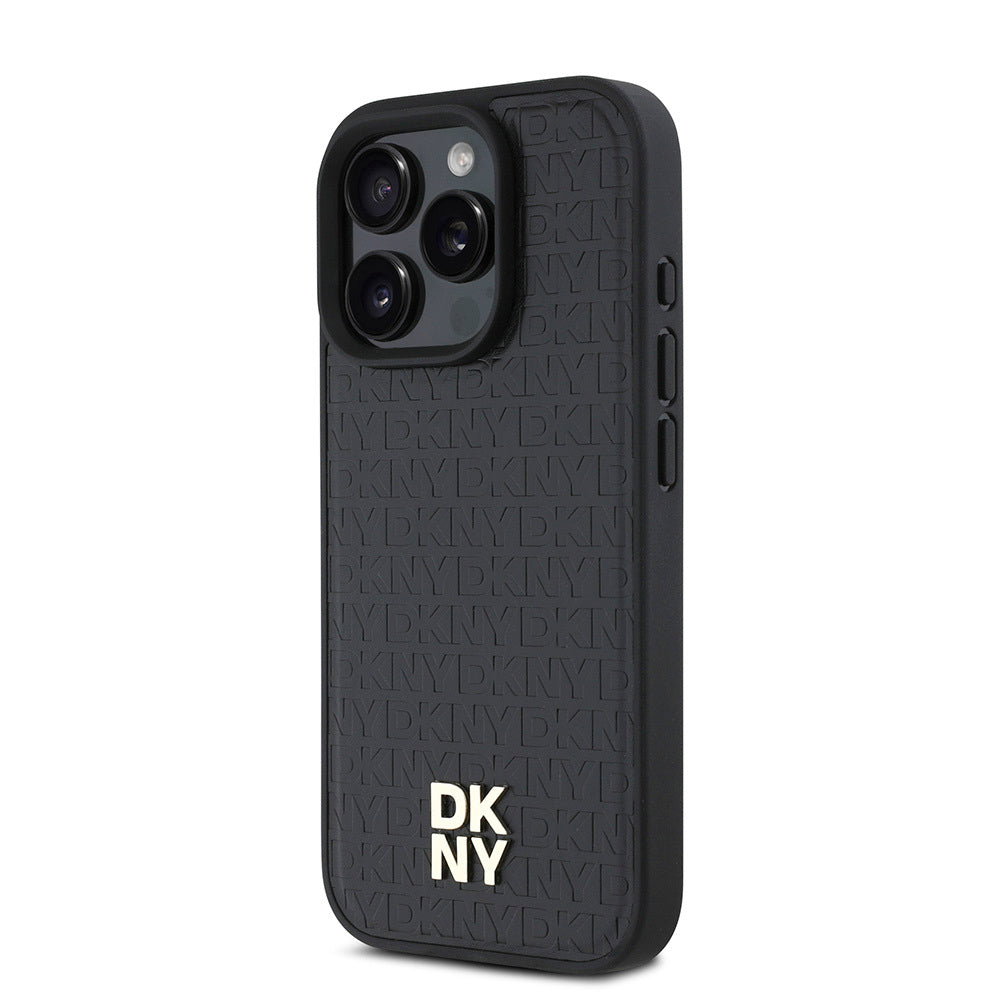 Apple iPhone 16 Pro Max Kılıf DKNY Orjinal Lisanslı M-safe Şarj Özellikli 3D Yazılı Repeat Pattern Kapak Kahverengi