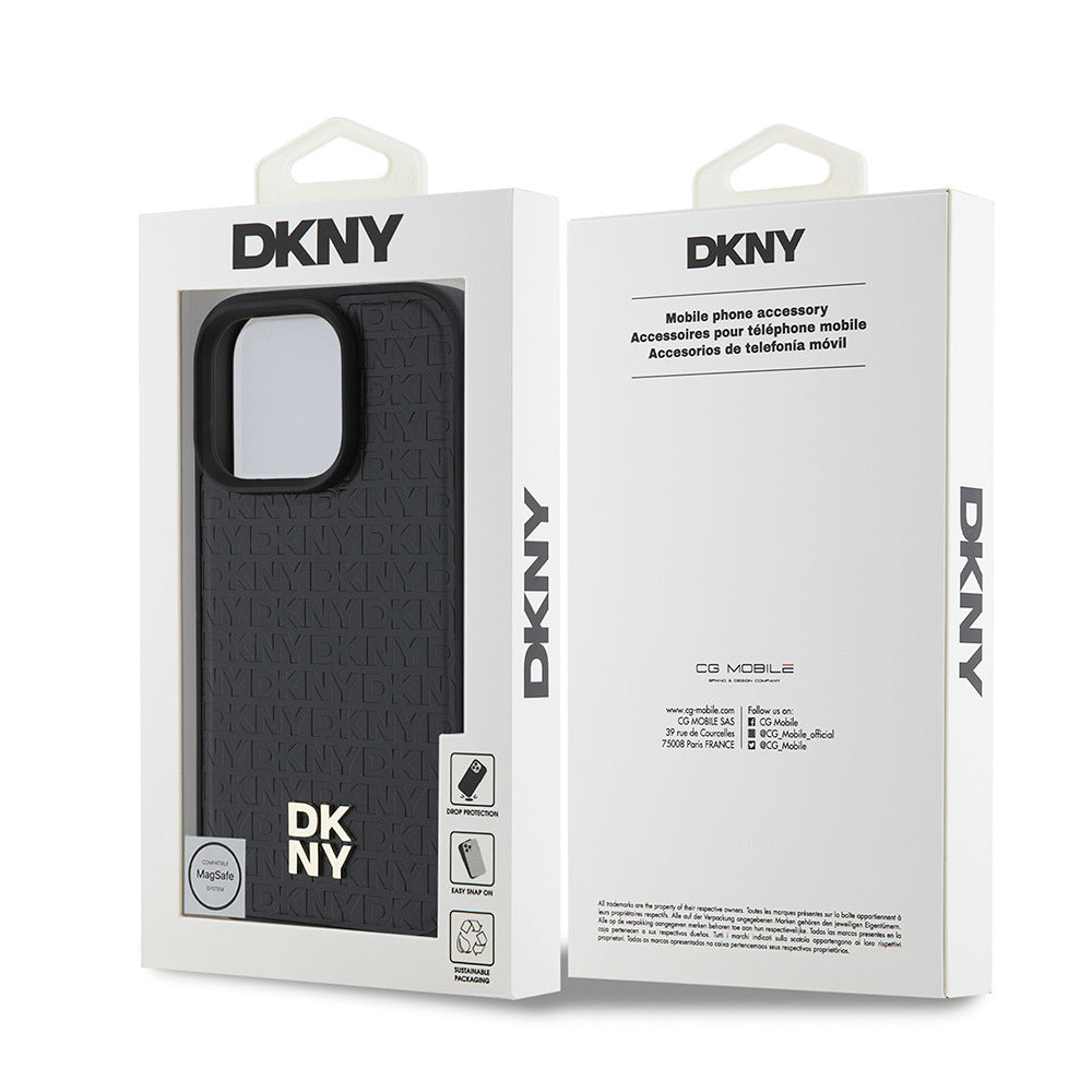 Apple iPhone 16 Pro Max Kılıf DKNY Orjinal Lisanslı M-safe Şarj Özellikli 3D Yazılı Repeat Pattern Kapak Kahverengi