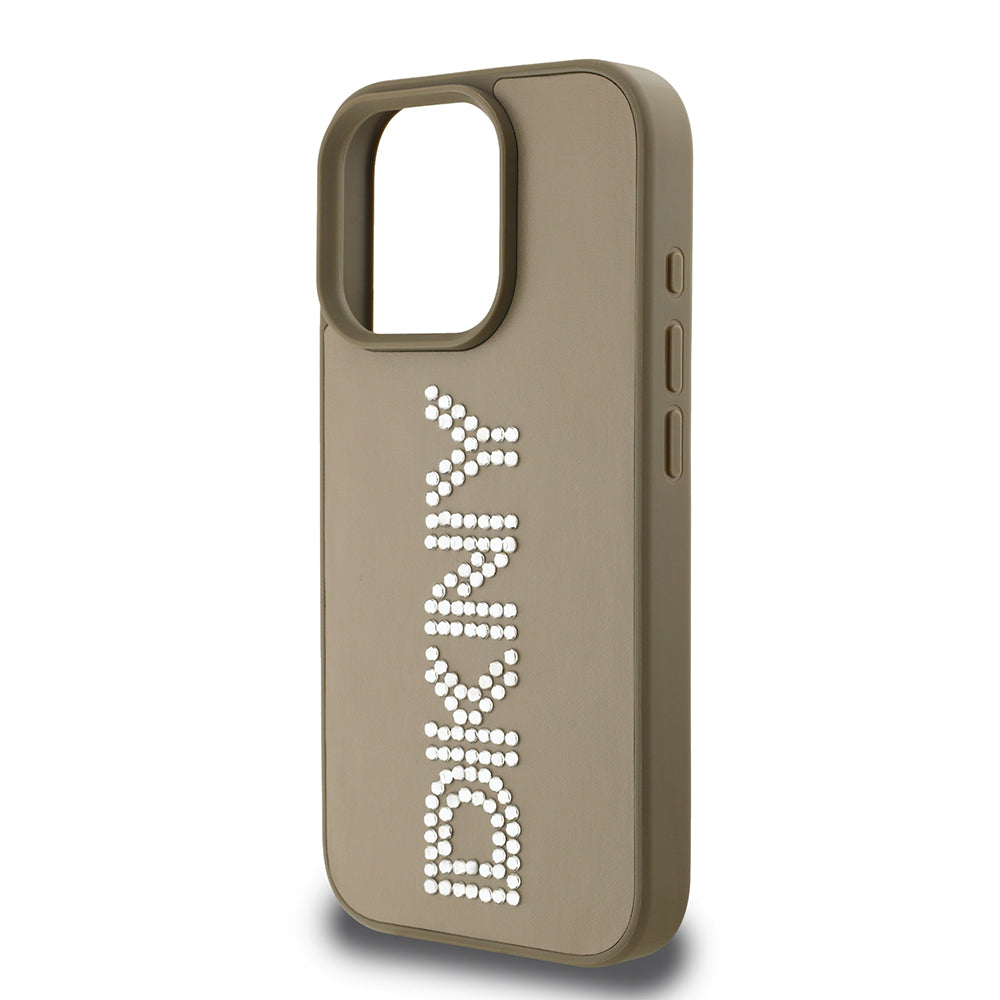Apple iPhone 16 Pro Max Kılıf DKNY Orjinal Lisanslı Taşlı DKNY Yazılı Metalik Rhinestones PU Deri Kapak Kahverengi