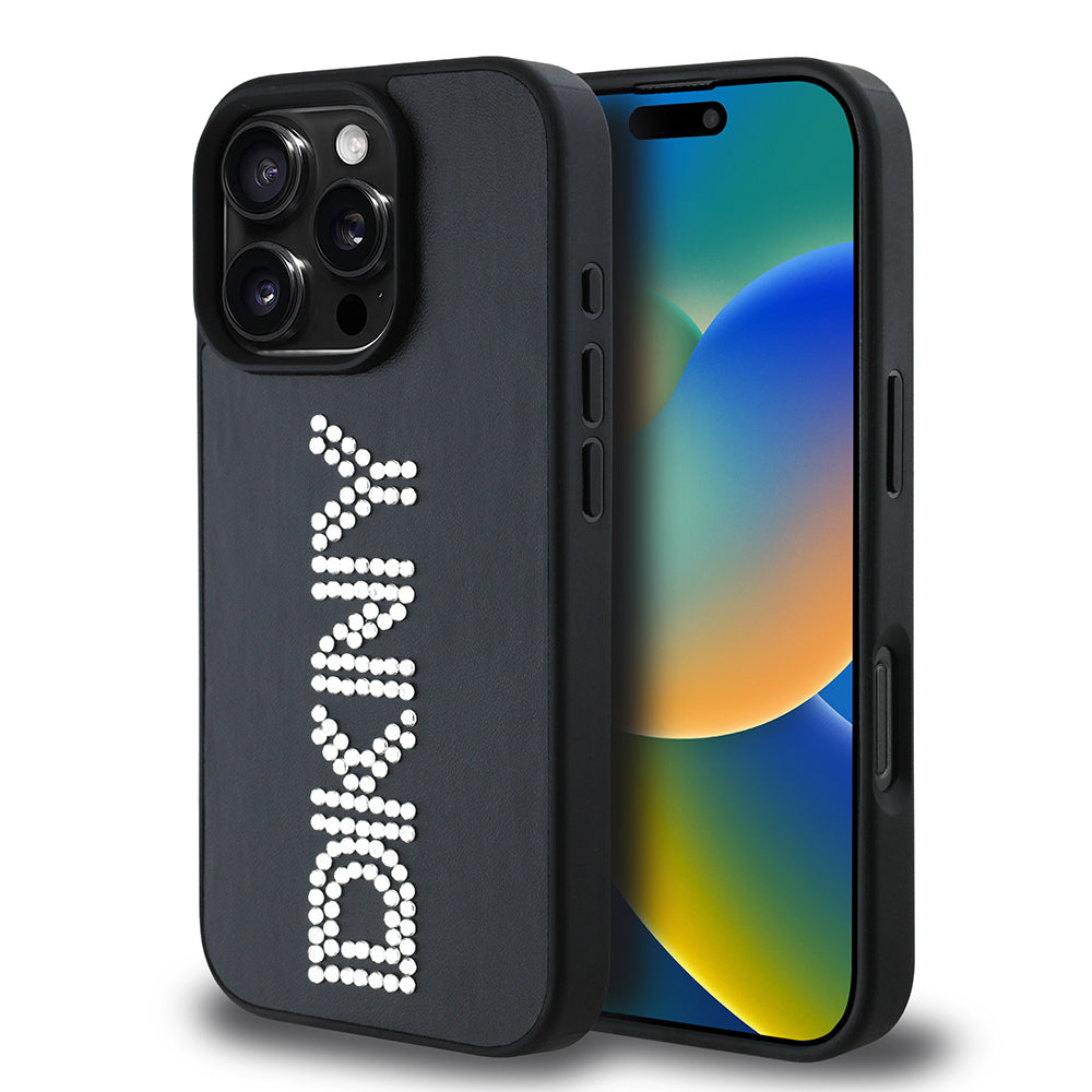 Apple iPhone 16 Pro Max Kılıf DKNY Orjinal Lisanslı Taşlı DKNY Yazılı Metalik Rhinestones PU Deri Kapak Kahverengi