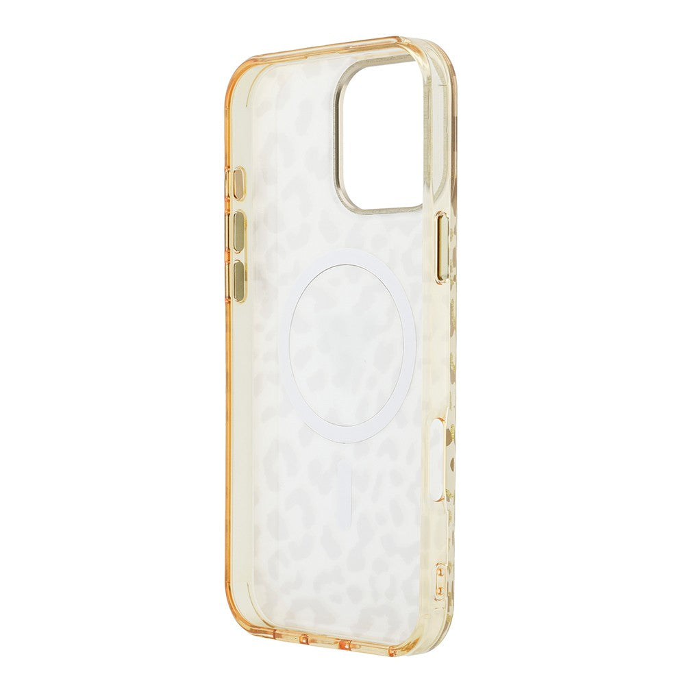 Apple iPhone 16 Pro Max Kılıf Guess Orjinal Lisanslı M-safe Şarj Özellikli Üçgen Logolu Simli Leopar Desenli Kapak
